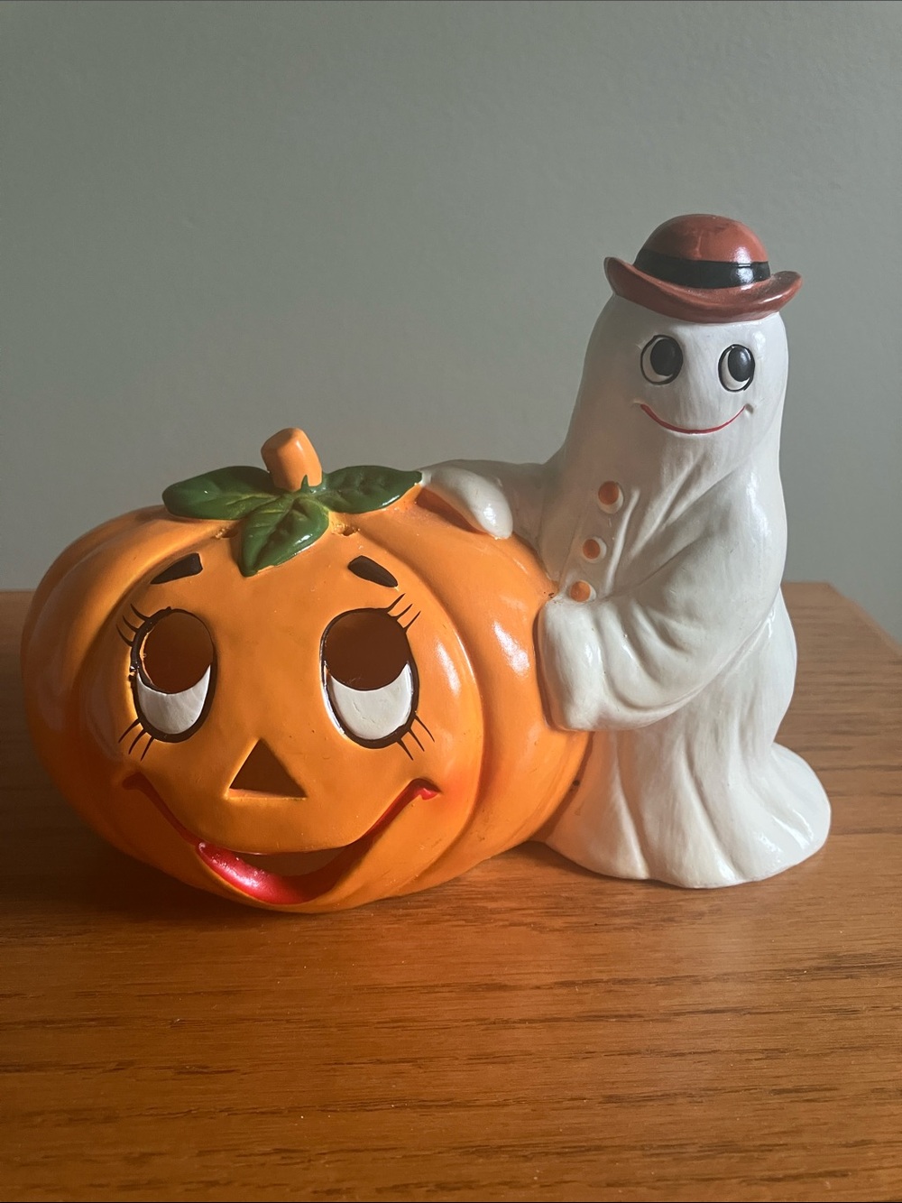 Vintage Lefton Pumpkin & Ghost Ceramic Halloween votive candle holder Rare HTF